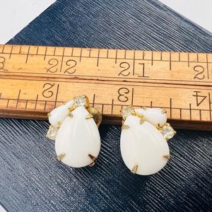 Vintage gold tone white milk glass rhinestone clip on earrings